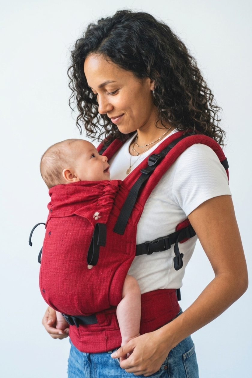 Mother and baby wearing Aruna handwoven cotton carrier