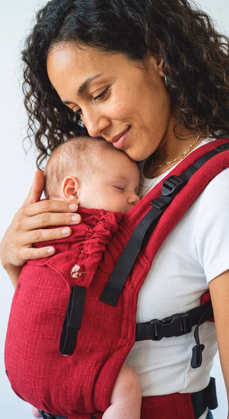 Baby sleeping in Aruna handwoven cotton baby carrier
