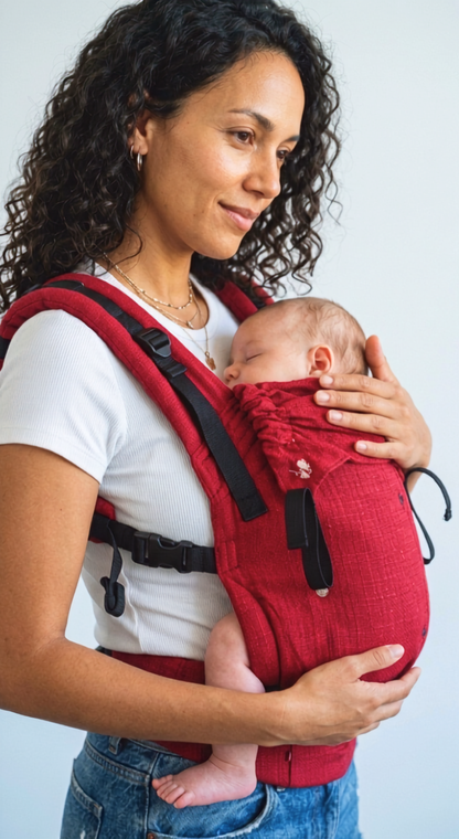Side view of Aruna handwoven cotton baby carrier