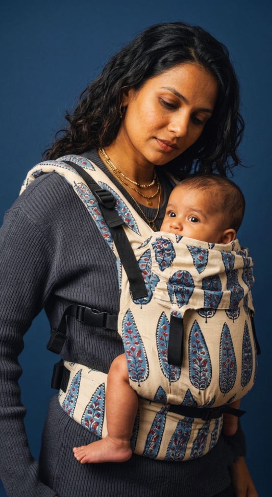 Mother wearing Chandan handblock print baby carrier with baby in front carry