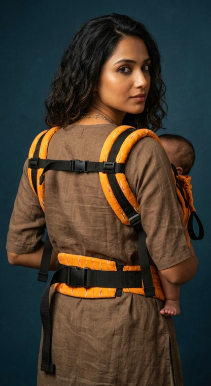 Back view showing straps of Kasundi Ikkat Yoga Baby Carrier