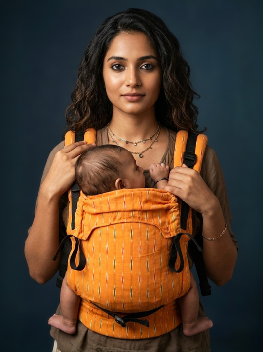 Kasundi Ikkat Yoga Baby Carrier in handwoven cotton worn on the front