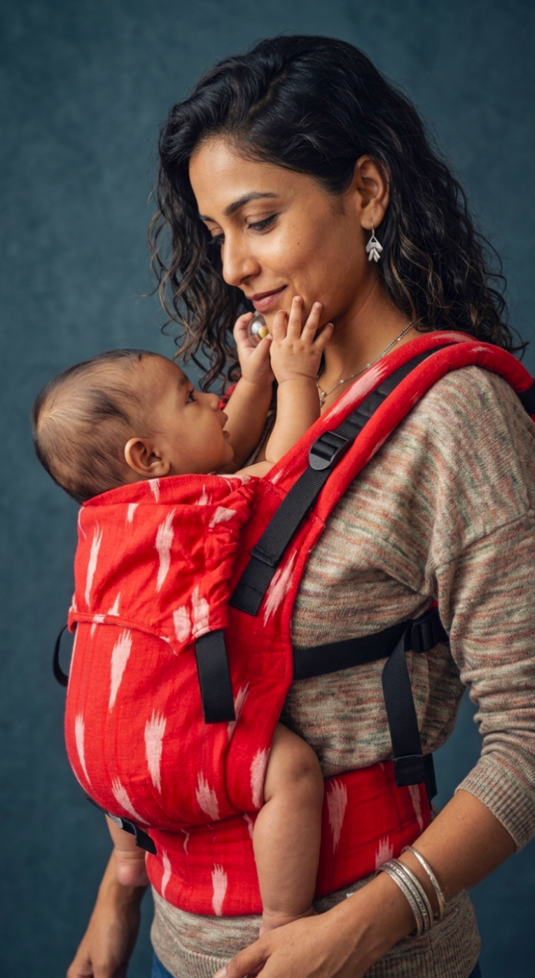 A woman wearing a red and white patterned baby carrier with a baby inside, set against a dark textured studio background.