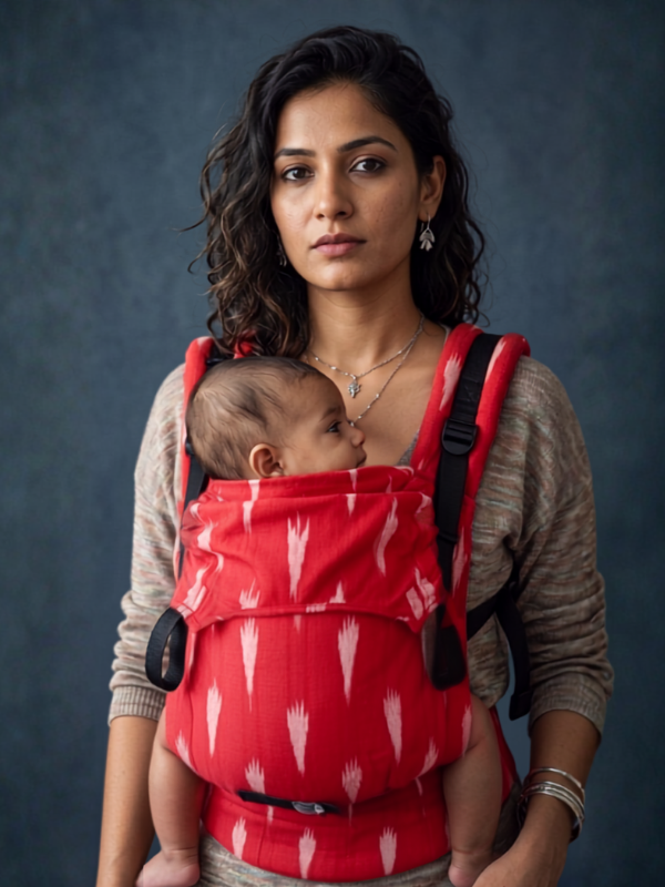 A woman wearing a green patterned baby carrier with black straps, holding a sleeping baby close to her chest.