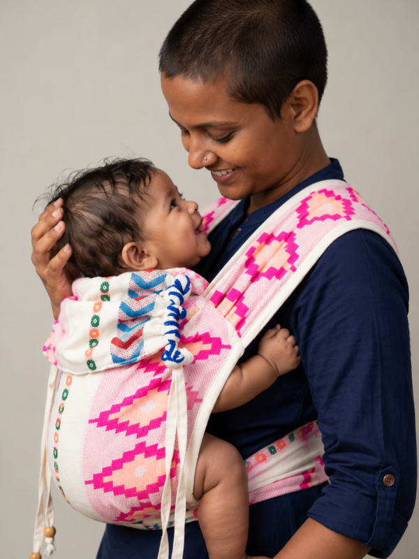 Shubra Meh Dai baby carrier showing a close babywearing view with baby