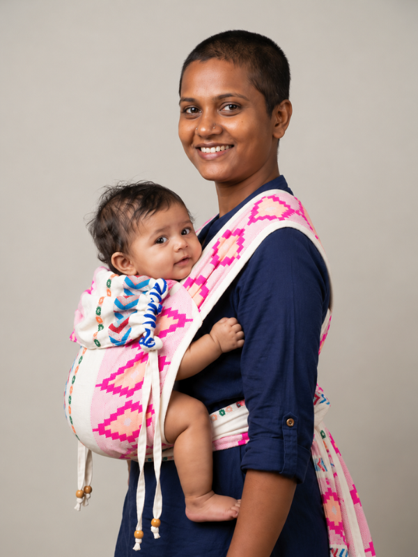 Shubra Meh Dai baby carrier in pink and white, side view with baby