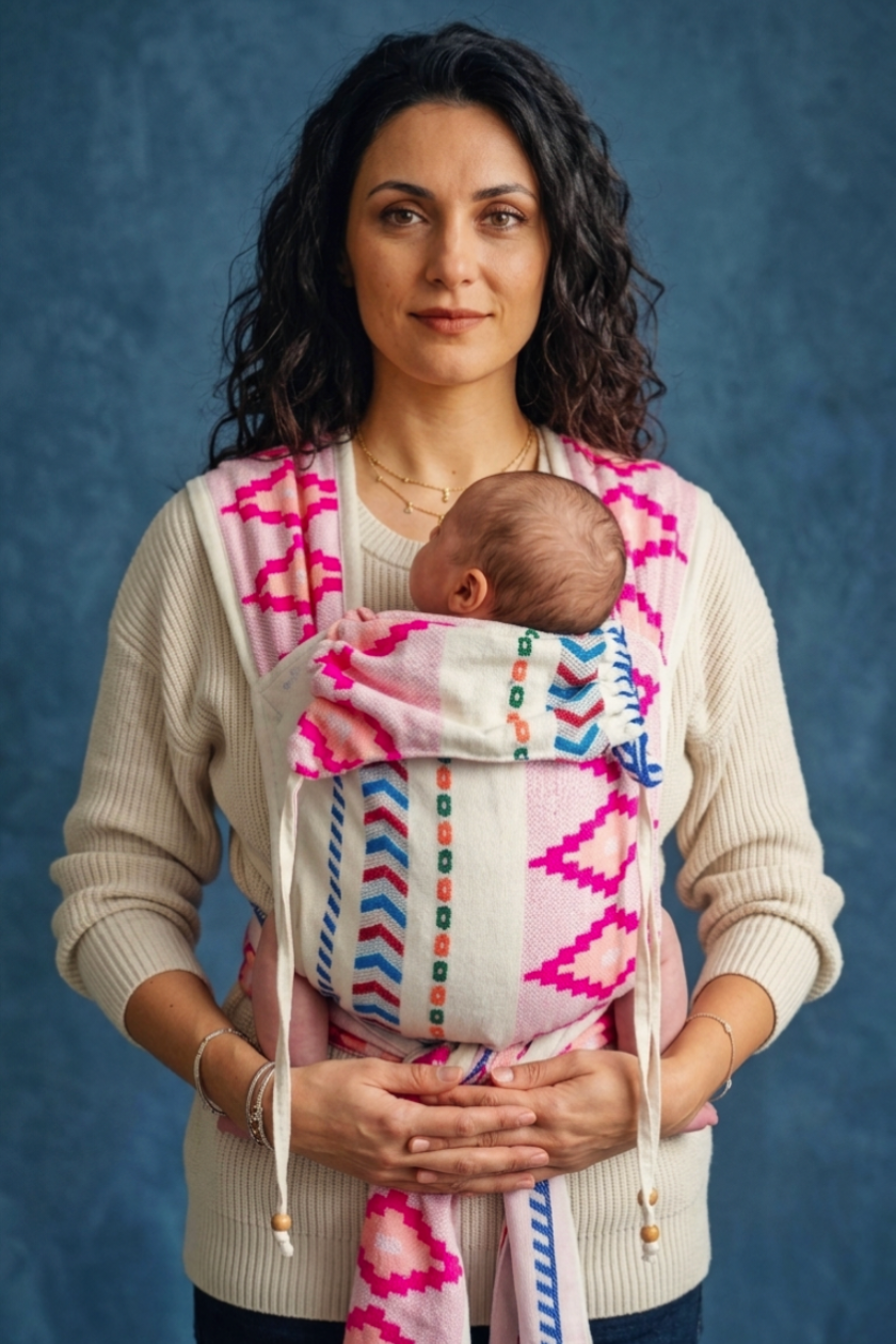 A woman wearing a cream ribbed sweater holds a baby in a pink, white, and blue patterned woven baby carrier wrap against a textured blue backdrop.