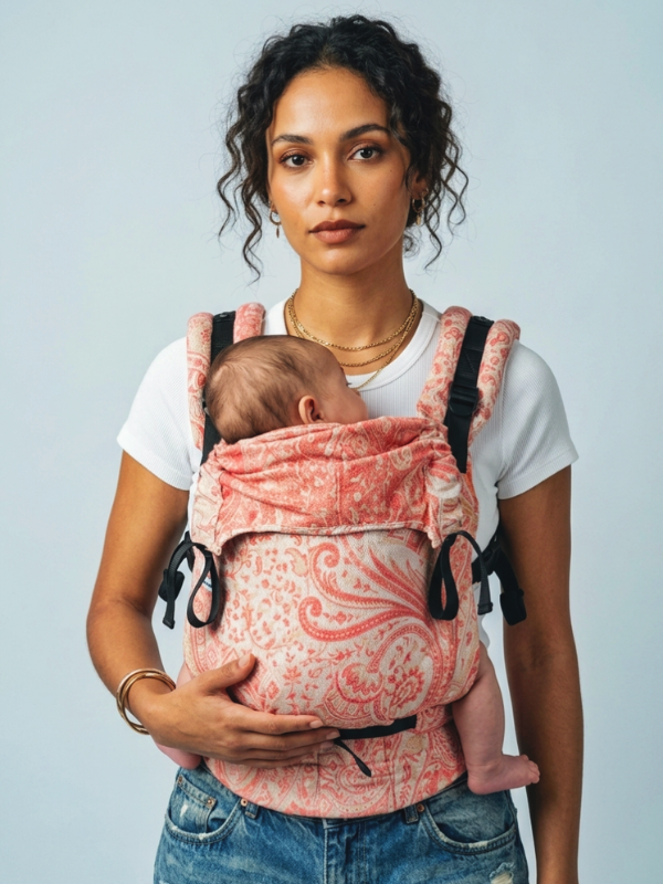 Tushara 2.0 Yoga Baby Carrier in coral and peach paisley