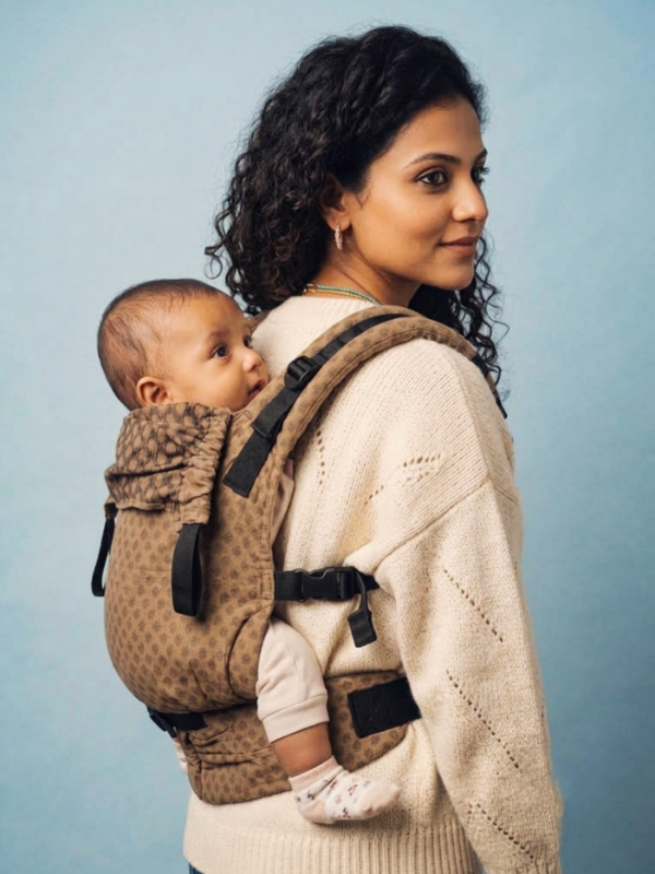 A woman wearing a cream knit sweater carries a baby in a leopard-print baby carrier against her back, set against a solid light blue background.