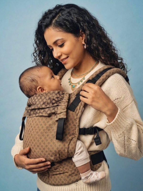 A woman wearing a cream knit sweater carries a baby in a brown patterned baby carrier against a solid blue background.