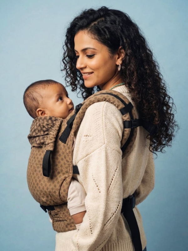 A woman wearing a cream knit sweater carries a baby in a brown and beige leopard-print baby carrier against a light blue background.