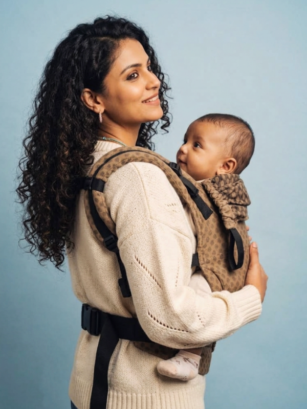 A woman wearing a cream knit sweater carries a baby in a brown patterned baby carrier with black straps, set against a solid light blue background.