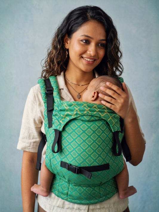 Mother wearing Yaman handwoven Mangalgiri cotton baby carrier with baby