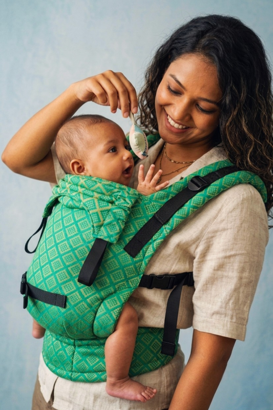 Mother and baby in Yaman geometric patterned baby carrier